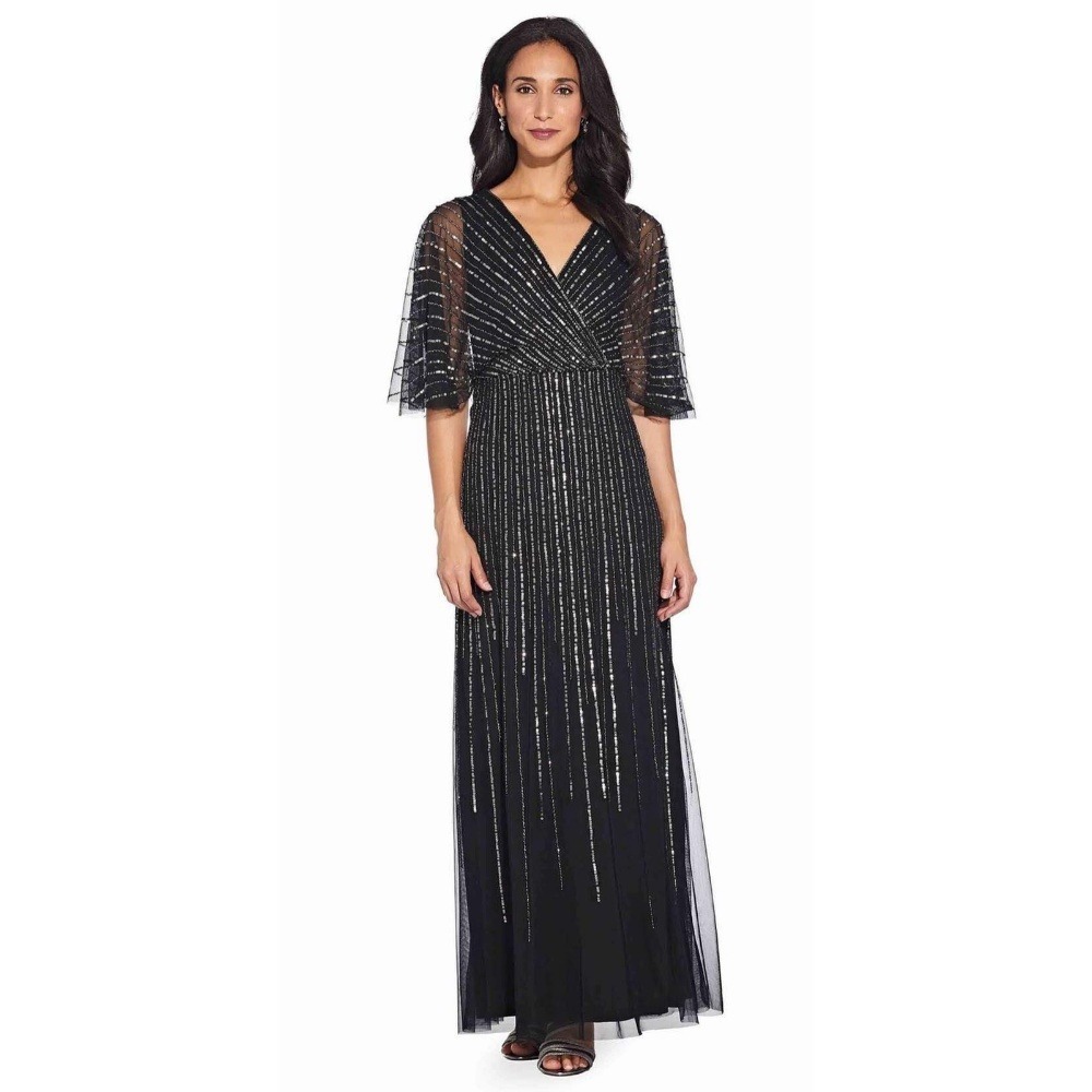 NWT Adrianna Papell Beaded Flutter Sleeve Gown 8P Black Mercury Dress AP1E205631
